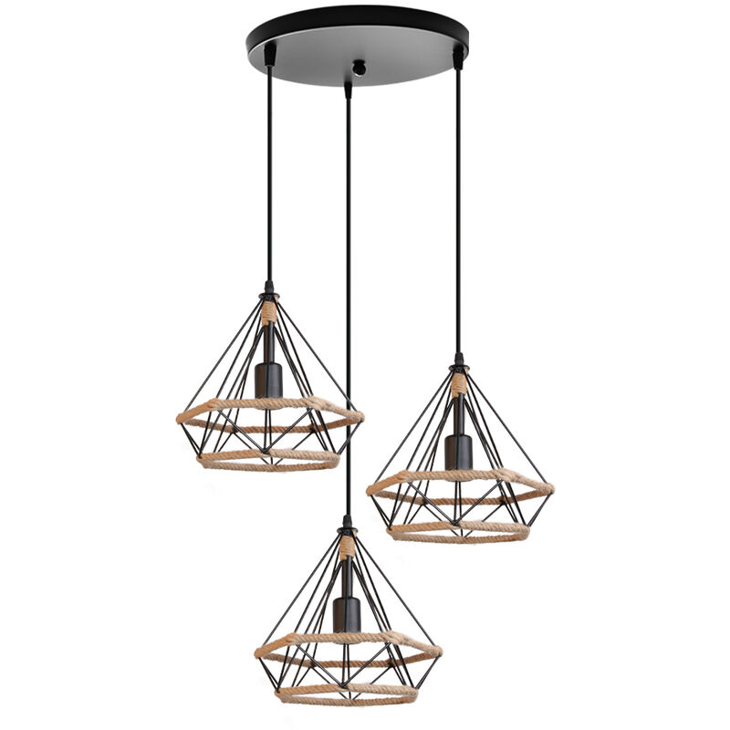 3 Luci Lampada a Sospensione, Lampadario in Corda di Canapa, Ø25cm  Diamante, Lampada per Soggiorno Cucina Nero