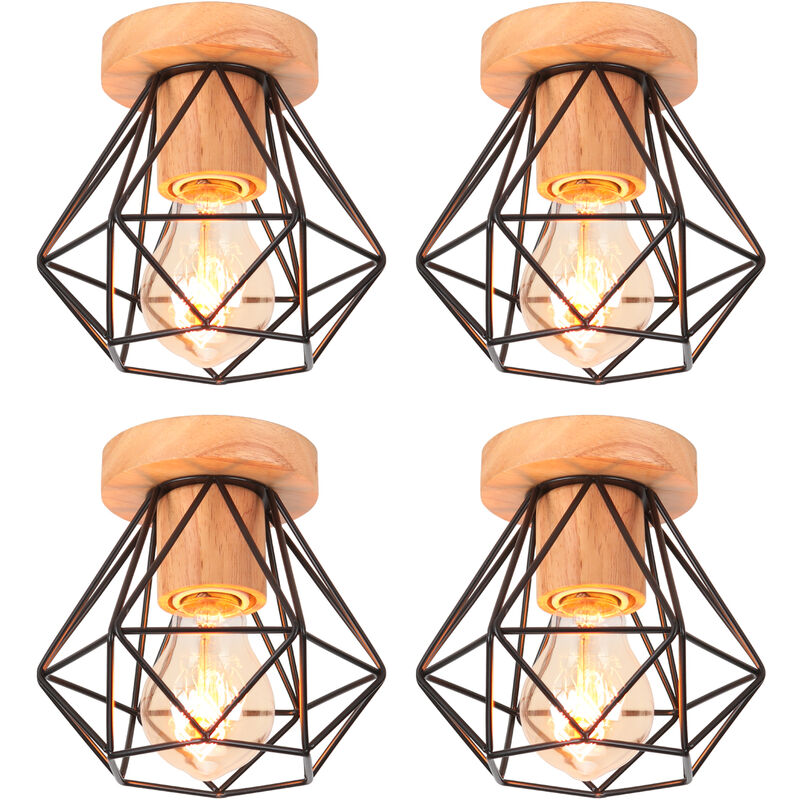4 Pezzi Lampada da Soffitto Interno Industriale Lampadario con Portalampada  E27 in Ceramica Gabbia Diamante in Metallo e Legno Nero