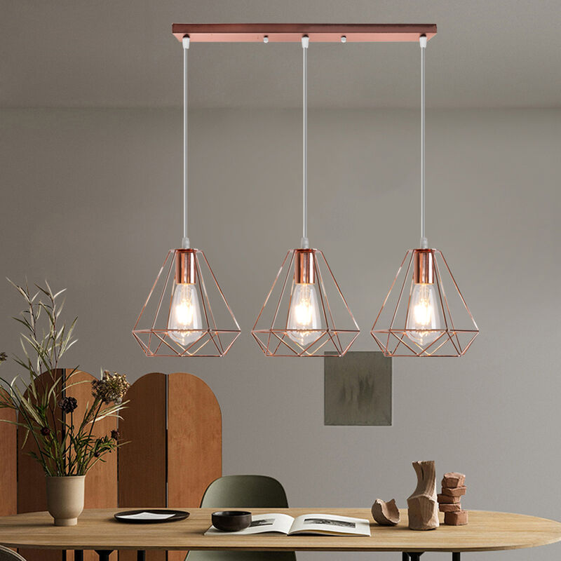 STOEX Set di 2 lampade a sospensione vintage industriali a gabbia a forma di diamante 25 cm E27 retrò lampadario paralumi corda regolabile (dorato