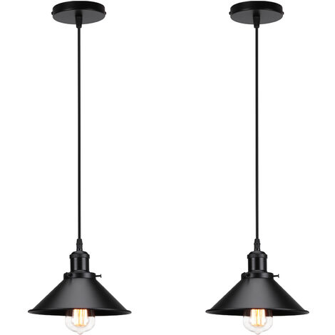 Lampada a Sospensione, Vintage Lampadario da Soffitto con Ø22cm Paralume in Ferro, Illuminazione in Industriale Stile Edison E27 per Cucina Isaland Camera da Letto (2X Tutto Nero)