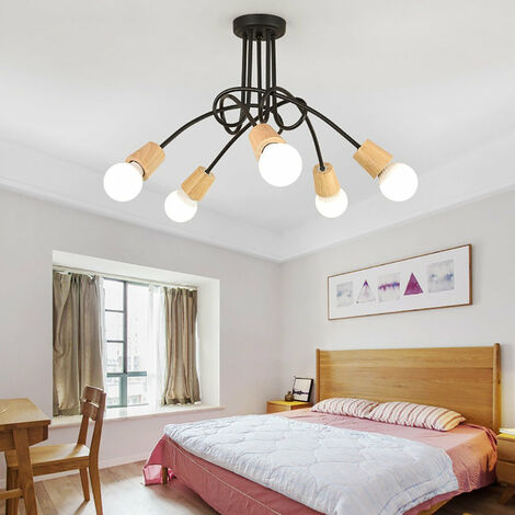 Plafoniere Creativo, 5 Luci Lampadario a Soffitto in Industriale Stile, Illuminazione a Form di Spider con Supporto E27 per Cucina Camera da Letto (Nero e Legna)