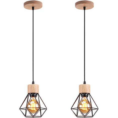 2X Lampada a Sospensione, Ø16cm Mini Diamante Plafoniera a Sospensione con E27 Attacco, Illuminazione con Gabbia per Soggiorno Sala da Pranzo Camera da Letto (Nero&Legno) (1/5)