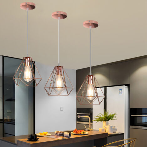 Lampada a Sospensione Industriale, Vintage Lampadario con Metallo Diamante 20cm, Lampadina E27 per Soggiorno Cucina Oro Rosa