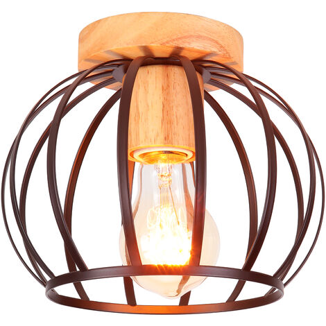 Lampada da Soffitto Interno Industriale Moderno in Metallo e Legno Lampadario E27 Gabbia Rotonda per Corridoio Scale Soggiorno Nero