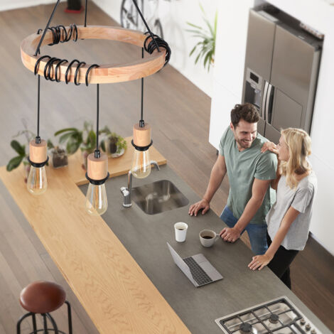 Lampadario in Legno - Stile Industriale Moderno - Corda di Canapa Regolabile - Nero - 3 Luci