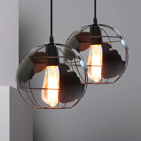 Lampada a Sospensione, Vintage Lampada da Soffitto con Ø20cm Gabbia Globo, Industriale Stile Illuminazione Rotonda in Metallo con E27 Attacco per Soggiorno Cucina Camera da Letto Loft Nero - 2 Pezzi