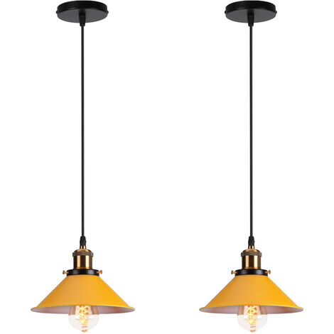 Lampada a Sospensione, Vintage Lampadario da Soffitto con Ø22cm Paralume in Ferro, Illuminazione in Industriale Stile E27 per Cucina Camera da Letto Giallo - 2 Pezzi