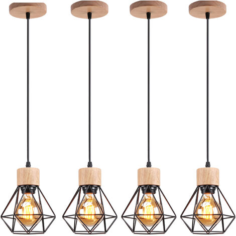 4X Lampada a Sospensione, Ø16cm Mini Diamante Plafoniera a Sospensione con E27 Attacco, Illuminazione con Gabbia per Soggiorno Sala da Pranzo Camera da Letto (Nero&Legno) (1/5)