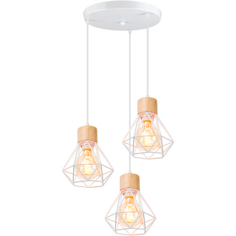 Industriale Lampadario Gabbia di Diamanti Ferro Lampada a Soffitto 3 Luci Design in Legno per Sala da Pranzo, Camera da Letto, Soggiorno Bianco (1/5)