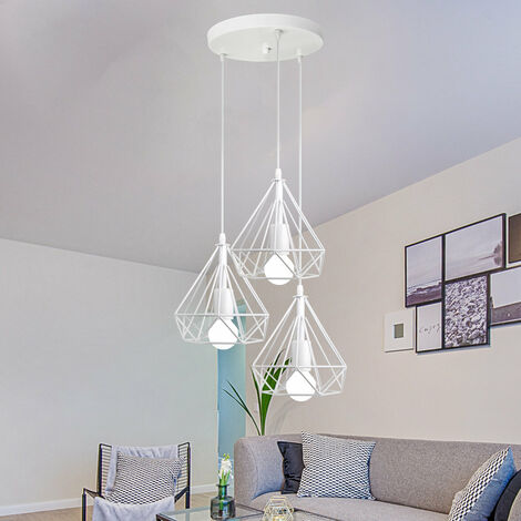 Lampada a Sospensione, 3 Luci Plafoniera in Industriale Stile con Ø20cm Gabbia di Diamante, Illuminazione con E27 per Soggiorno Cucina di Casa Ristorante Cafe (Bianco) (1/5)