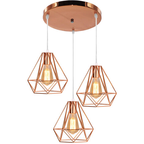 Lampada a Sospensione in Metallo, 3 Luci Lampada da Soffitto con Gabbia, Ø20cm Diamante Lampadario per Camera da Letto Soggiorno Corridoio (Oro Rosa) (1/5)