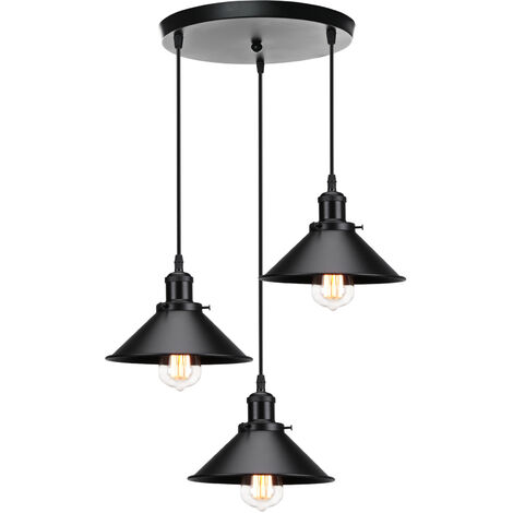 Lampada a Sospensione Vintage, 3 Luci Lampadario da Soffitto con Ø22cm  Paralume in Ferro, Illuminazione in Industriale Stile Edison E27 per Cucina  Isaland Camera da Letto (Tutto Nero)