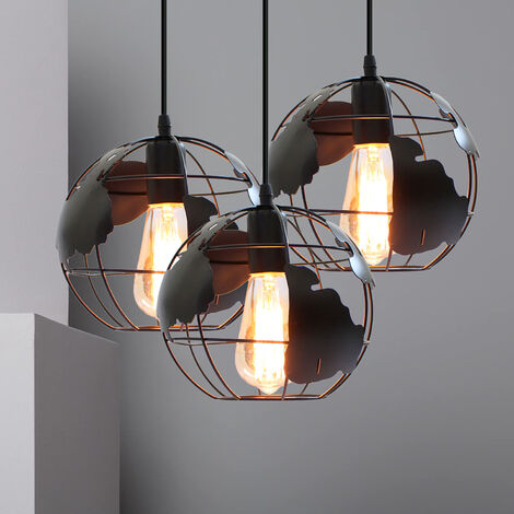 Lampada a Sospensione, Vintage Lampada da Soffitto con Ø20cm Gabbia Globo, Industriale Stile Illuminazione Rotonda in Metallo con E27 Attacco per Soggiorno Cucina Camera da Letto Loft Nero - 3 Pezzi