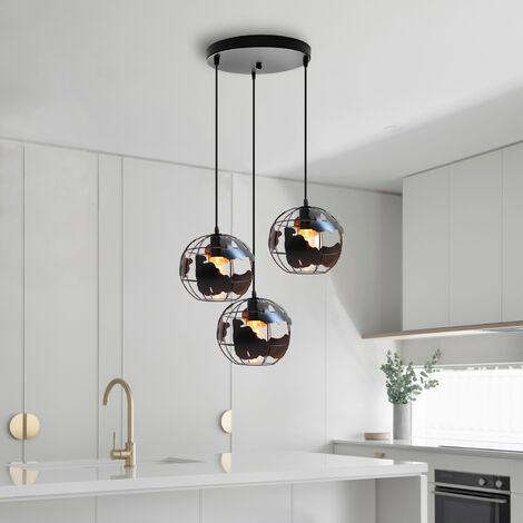 Lampada a Sospensione, Vintage Lampada da Soffitto con Ø20cm Gabbia Globo, Industriale Stile Illuminazione Rotonda in Metallo con E27 Attacco per Soggiorno Cucina Camera da Letto Loft Nero - 3 Pezzi B