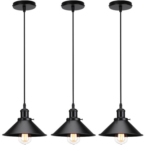 Lampada a Sospensione, Vintage Lampadario da Soffitto con Ø22cm Paralume in Ferro, Illuminazione in Industriale Stile Edison E27 per Cucina Isaland Camera da Letto (3X Tutto Nero)