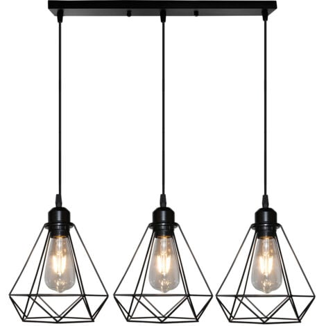 Lampada a Sospensione, Plafoniera con Gabbia in Metallo Diamante, Lampadari per Soggiorno Cucina Nero - 3 Luci Base Rettangolare