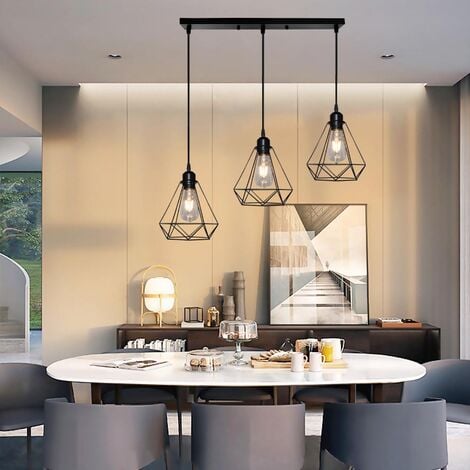 Lampada a Sospensione, Plafoniera con Gabbia in Metallo Diamante, Lampadari per Soggiorno Cucina Nero - 3 Luci Base Rettangolare