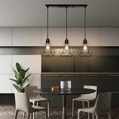 Lampada a Sospensione, Plafoniera con Gabbia in Metallo Diamante, Lampadari per Soggiorno Cucina Nero - 3 Luci Base Rettangolare