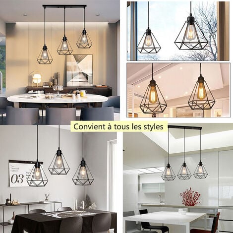 Lampada a Sospensione, Plafoniera con Gabbia in Metallo Diamante, Lampadari per Soggiorno Cucina Nero - 3 Luci Base Rettangolare