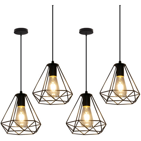 Lampada a Sospensione, Vintage Lampadario da Soffitto in Metallo, Ø20cm Diamante Paralume con E27 Base per Soggiorno Camera da Letto a Isola Cucina Nero 4 Pezzi