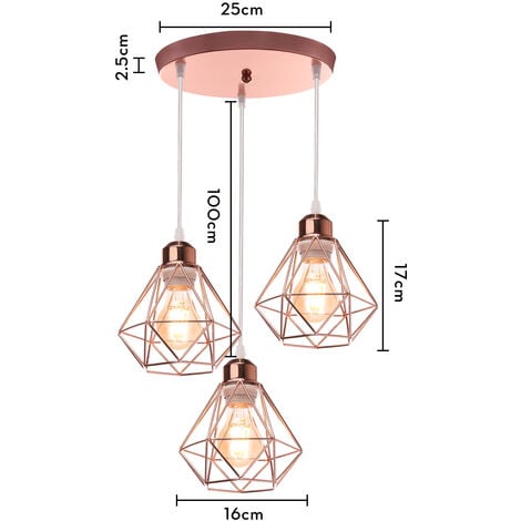 3 Luci Industriale Vintage Lampada a Sospensione Paralume Diamante in Ferro  Lampadario per Soggiorno Sala da