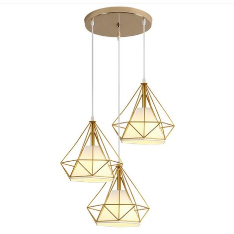 Lampada a Sospensione Industriale, 3 Luci Plafoniera con Gabbia di Diamante 25cm, Lampada E27 per Soggiorno Sala da Pranzo (Oro)