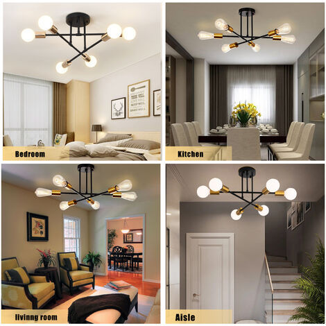 6 Luci Plafoniera Vintage Industriale E27 Lampade Metallo Lampadario per Cucina Camera da Letto Soggiorno Nero
