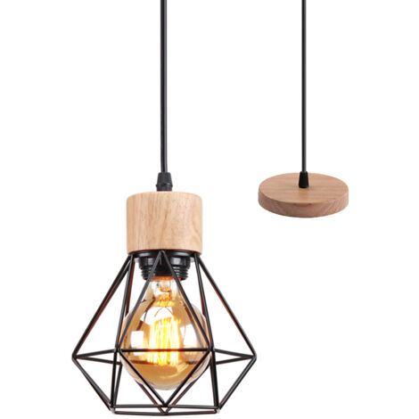 Lampada a Sospensione, Ø16cm Mini Diamante Plafoniera a Sospensione con E27 Attacco, Illuminazione con Gabbia per Soggiorno Sala da Pranzo Camera da Letto (Nero&Legno) (1/5)