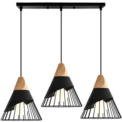 Lampadario a Sospensione 3 Fili, con Paralume in Legno e Metallo, di Form a Badminton per Cucina Ristorante Sala da Pranzo Dormitorio (Nero)