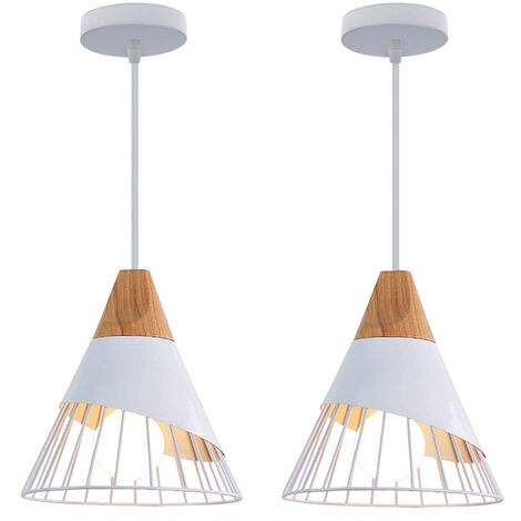 2X Lampadario a Sospensione, Vintage Lampada da Soffitto con Paralume in Legno e Metallo, Illuminazione di Form a Badminton per Cucina Ristorante Sala da Pranzo Dormitorio (Bianco) (1/4)