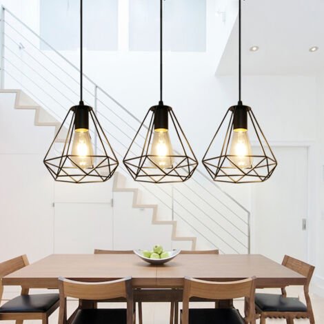 Lampada a Sospensione 3 Luci, Ø20cm Diamante Lampadario da Soffitto in Metallo, Industriale Stile Paralume con E27 Base per Soggiorno Camera da Letto a Isola Cucina (Nero)