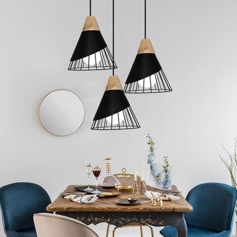 Lampadario a Sospensione Moderno a 3 Luci a Forma di Badminton Plafoniera in Metallo e Legno E27 Apparecchio di Illuminazione per Sala da Pranzo Soggiorno Camera da Letto Nero (1/5)