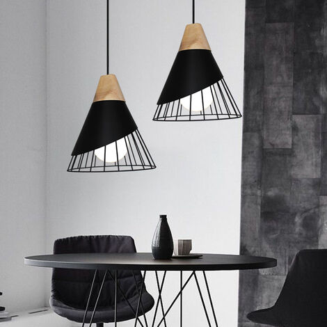 2X Lampadario a Sospensione Industriale Creativo Paralume Ø25cm a Forma di Badminton in Metallo e Legno Plafoniera E27 Lampada per Camera da Letto Soggiorno Cucina Nero
