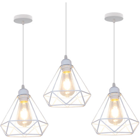 Lampada a Sospensione, 1 Luci Plafoniera con Ø20cm Gabbia in Metallo Diamante, Lampadari per Soggiorno Cucina Bianco - 3 Pezzi