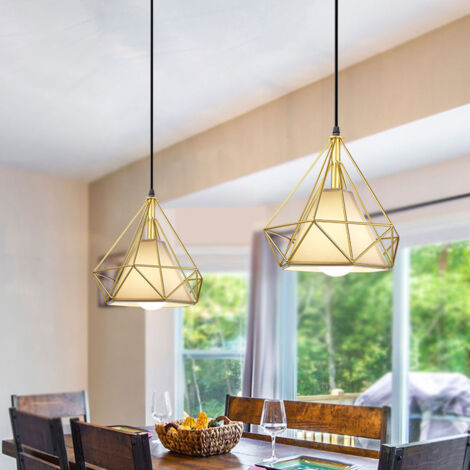 Lampada a Sospensione, Plafoniera Vintage con Gabbia di Ø25cm Diamante, Illuminazione E27 per Soggiorno Sala da Pranzo Taverna Oro - 2 Pezzi (1/5)