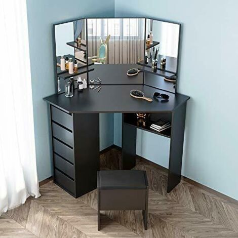 Foroo Corner Curved Dressing Table, Black Corner Makeup Vanity With Lights
