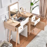Foroo Wooden Dressing Table with Flip Up Mirror Makeup Bedroom MDF White+Natural - White