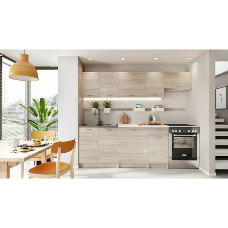 BONA - Cocina completa modular + lineal L 240 cm 7 pzs - Encimera INCLUIDA - Conjunto de mueble de cocina - Sonoma