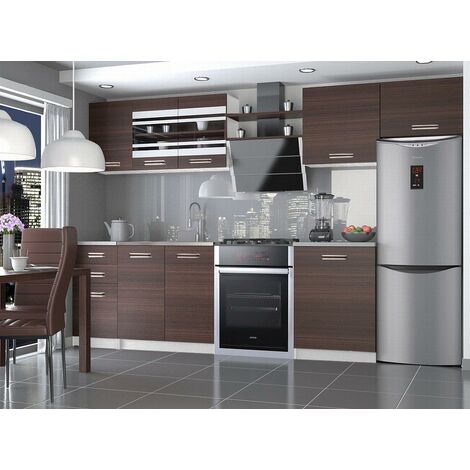 PAVANE | Cocina modular lineal completa L 300/180 cm 9 piezas | Plan de trabajo INCLUIDO | Conjunto de armario de muebles de cocina - Castaña
