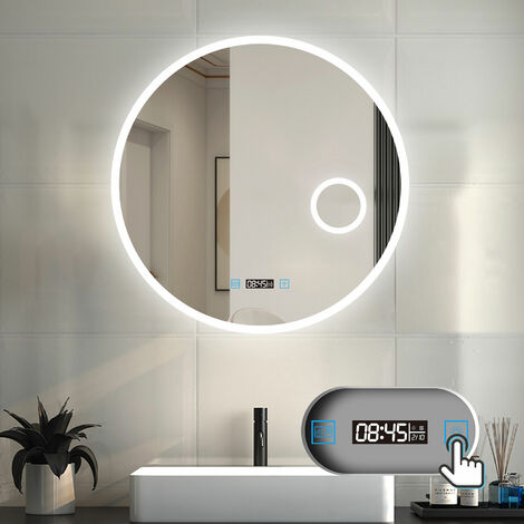 LED Spiegel Badspiegel mit Beleuchtung Badezimmer Spiegel Rund mit Beschlagfrei 3 Lichtfarbe dimmbar 3000k-6000k Wandspiegel mit Touchschalter 70x70cm + Uhr + 3x Lupe + Speicherfunktion