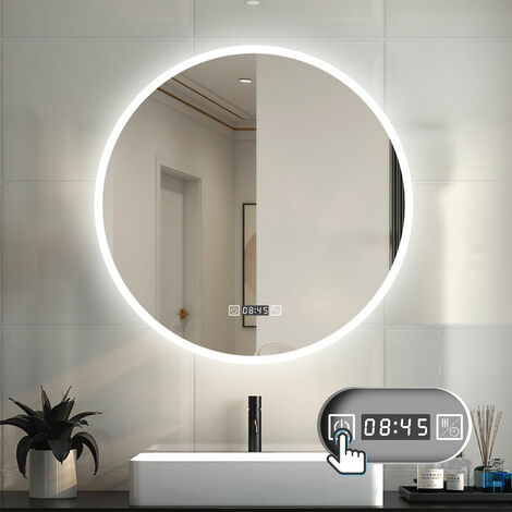 LED Spiegel Badspiegel mit Beleuchtung Badezimmer Spiegel Rund mit Beschlagfrei 3 Lichtfarbe dimmbar 3000k-6000k Wandspiegel mit Touchschalter 80x80cm + Uhr + Speicherfunktion