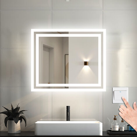 LED Badspiegel mit Beleuchtung Badezimmer Spiegel Kaltweiß mit Beschlagfrei Wandspiegel mit Wandschalter Horizontal und Vertikal 60x50cm-A (1/5)
