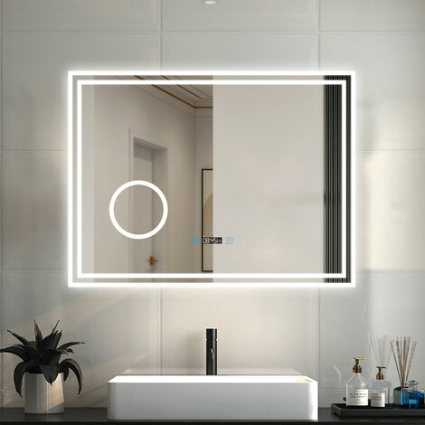 LED Badspiegel mit Beleuchtung Badezimmer Spiegel mit Uhr 3 Lichtfarbe 3x Vergrößerungsspiegel Beschlagfrei Speicherfunktion Wandspiegel mit Touchschalter Horizontal 100x60cm
