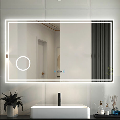 LED Badspiegel mit Beleuchtung Badezimmer Spiegel mit Uhr 3 Lichtfarbe 3x Vergrößerungsspiegel Beschlagfrei Speicherfunktion Wandspiegel mit Touchschalter Horizontal 120x70cm