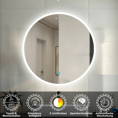 LED Spiegel Badspiegel mit Beleuchtung Badezimmer Spiegel Rund mit 3 Lichtfarbe dimmbar 2700k-6500k Speicherfunktion Wandspiegel mit Touchschalter 40x40cm