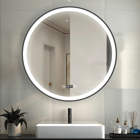LED Spiegel mit Beleuchtung Rund Badezimmerspiegel mit Uhr Beschlagfrei Wandspiegel mit Touch- und Wandschalter 3 Lichtfarbe dimmbar Speicherfunktion 80x80cm