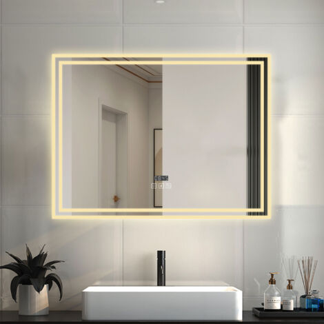 LED Badspiegel mit Uhr Bluetooth Warmweiß/Neutralweiß/Kaltweiß 3000-6000k Dimmbar Beschlagfrei Speicherfunktion Badezimmer Spiegel mit Beleuchtung CE IP44 100x60cm