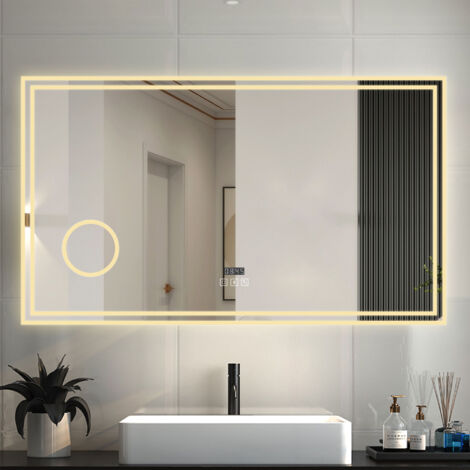 LED Badspiegel mit Uhr Bluetooth Warmweiß/Neutralweiß/Kaltweiß 3000-6000k Dimmbar Beschlagfrei 3-Fach klares vergrößertes Speicherfunktion Badezimmer Spiegel mit Beleuchtung CE IP44 140x80cm