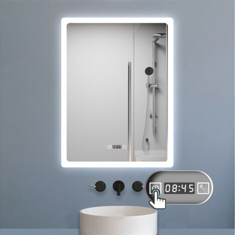 LED Badspiegel mit Uhr 3 Lichtfarbe Dimmbar Beschlagfrei Speicherfunktion Badezimmer Spiegel mit Beleuchtung CE IP44 60x80cm Vertikale Installation