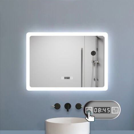 LED Badspiegel mit Uhr 3 Lichtfarbe Dimmbar Beschlagfrei Speicherfunktion Badezimmer Spiegel mit Beleuchtung CE IP44 70x50cm Horizontale Installation